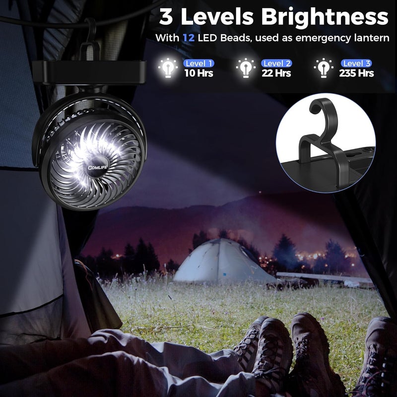 COMLIFE Camping Fan with LED Lantern - Rechargeable Battery Operated Fan, 35H Run Time Max, 3 Speeds, Portable Desk Fan with Hook for Tent Car RV Outdoor Emergency Outage Hurricane - Image 5